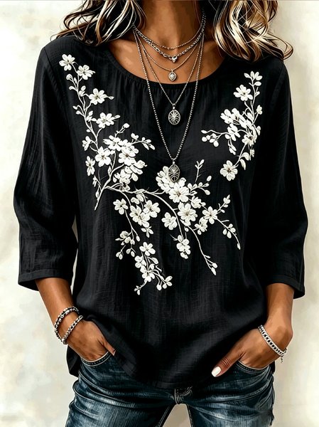 Women Floral Crew Neck Half Sleeve Blouse Printing Vintage Daily Summer Top