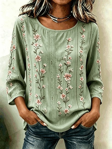 Women Floral Crew Neck Half Sleeve Blouse Printing Vintage Daily Summer Top