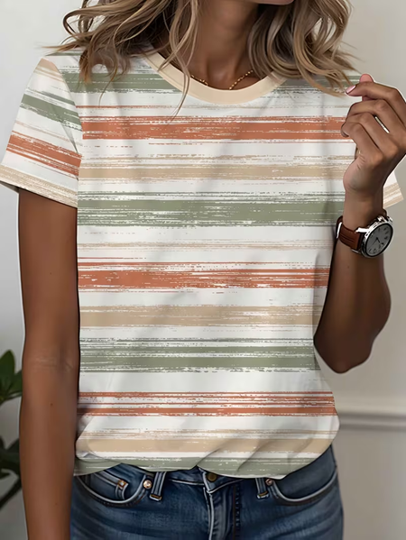 Women Striped Short Sleeve Tee T-shirt Crew Neck Printing Casual Graphic Tee Summer Top