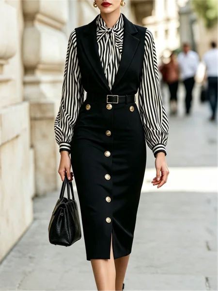 Urban Plain Buttoned Lapel Collar Midi Dress With Belt