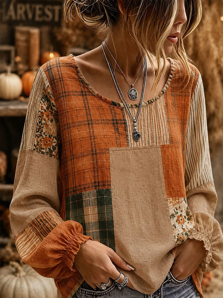 Women Striped Crew Neck Long Sleeve Blouse Printing Vintage Daily Spring/Fall Top