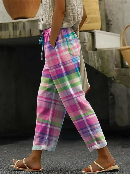 Women Plaid Long Pants Vintage Spring/Fall Trousers