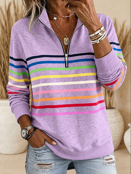 Women Striped Half Open Collar Casual Spring/Fall Long Sleeve Sweatshirt