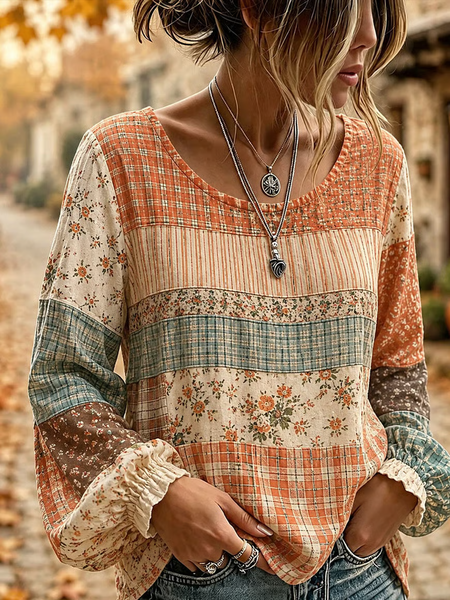 Women Striped Crew Neck Long Sleeve Blouse Printing Vintage Daily Spring/Fall Top