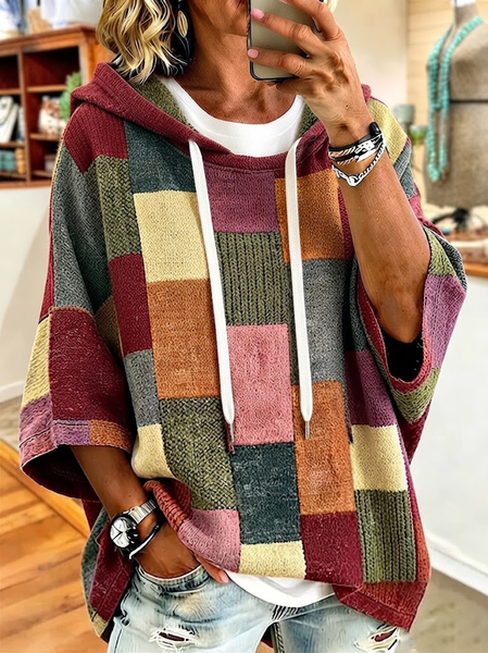 Women Plaid Printing Half Sleeve Casual Daily Spring/Fall Hoodie