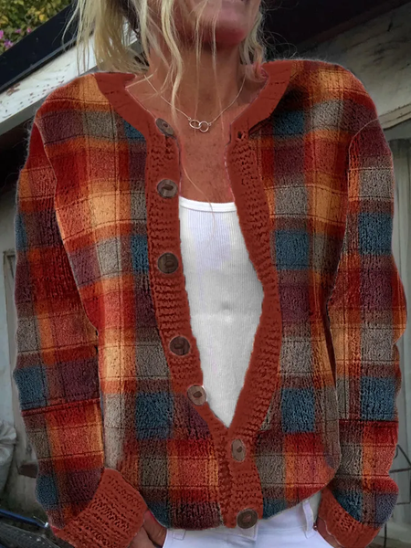 Women Plaid Printing Long Sleeve Crew Neck Vintage Spring/Fall Cardigan Outerwear