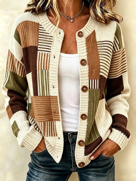 Women Abstract Stripes Printing Long Sleeve Crew Neck Vintage Spring/Fall Cardigan Outerwear