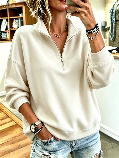 Women Plain Stand Collar Casual Spring/Fall Long Sleeve Sweatshirt