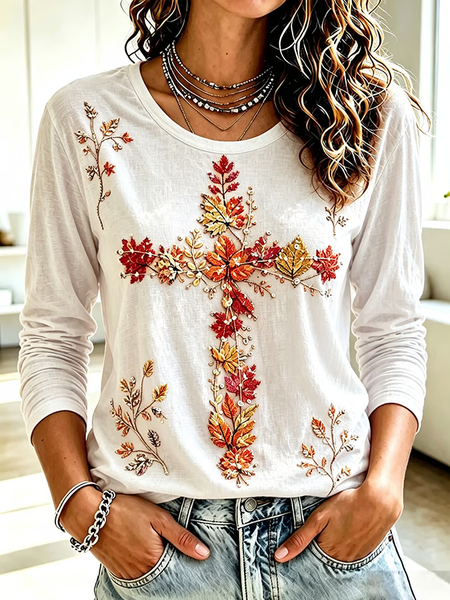 Women Maple Leaf Long Sleeve Tee T-shirt Crew Neck Printing Casual Spring/Fall Top