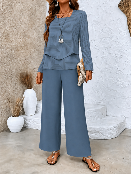 Women Plain Two-Piece Set Daily Long Sleeve Casual Spring/Fall Top With Pants Matching Set