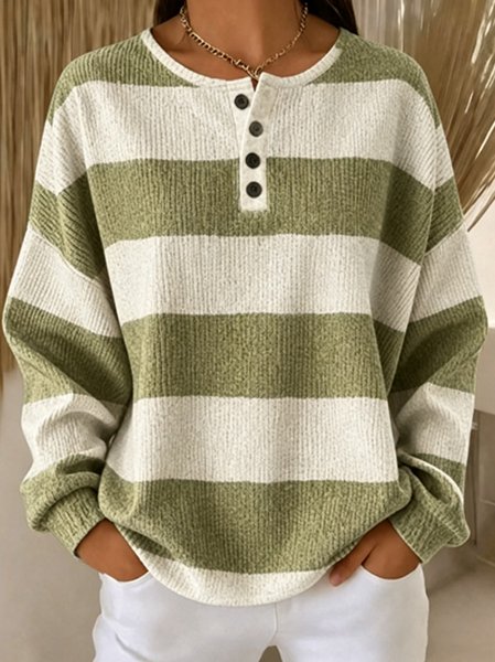 Women Striped Henley Collar Casual Spring/Fall Long Sleeve Sweatshirt