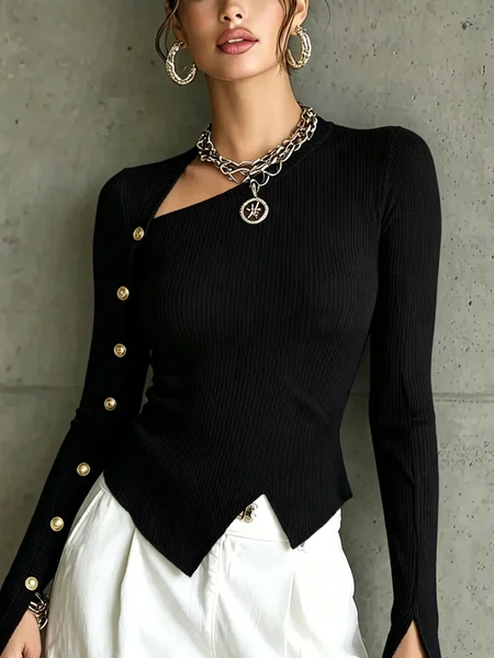 Urban Plain Button Detail Asymmetrical T-shirt 1 Urban Plain Button Detail Asymmetrical T-shirt