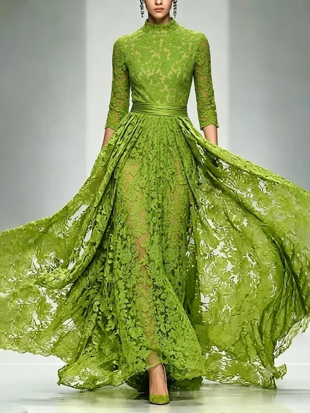 Lace Elegant Plain Mock Neck Maxi Party Dress