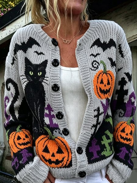 Women Cat Long Sleeve Vintage Spring/Fall Jacket Outerwear