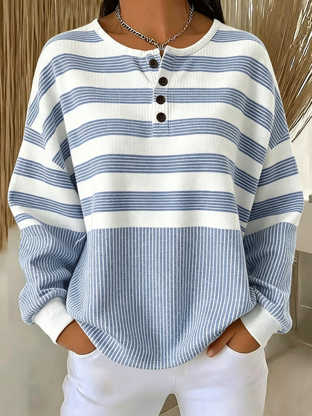 Women Striped Crew Neck Printing Casual Spring/Fall Long Sleeve Sweatshirt
