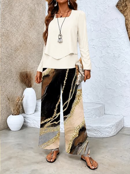 Women Plain Printing Two-Piece Set Daily Long Sleeve Casual Spring/Fall Top With Pants Matching Set