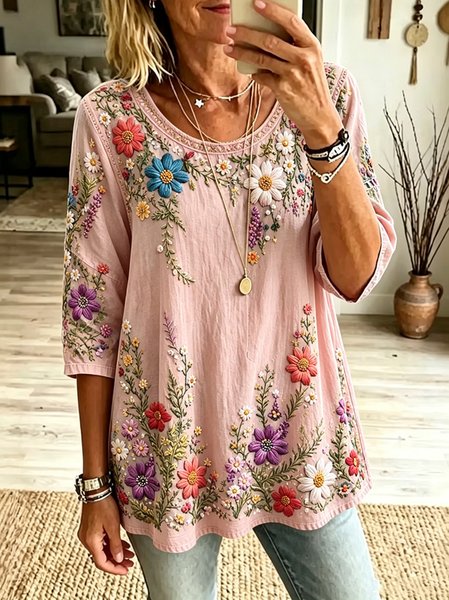 Women Floral Crew Neck Half Sleeve Blouse Printing Vintage Daily Summer Top