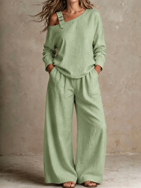Women Plain Two-Piece Set Daily Long Sleeve Casual Spring/Fall Top With Pants Matching Set