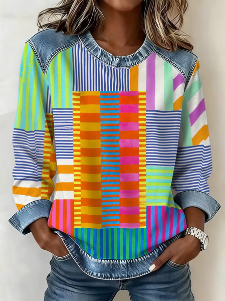 Women Abstract Stripes Crew Neck Printing Vintage Spring/Fall Long Sleeve Sweatshirt