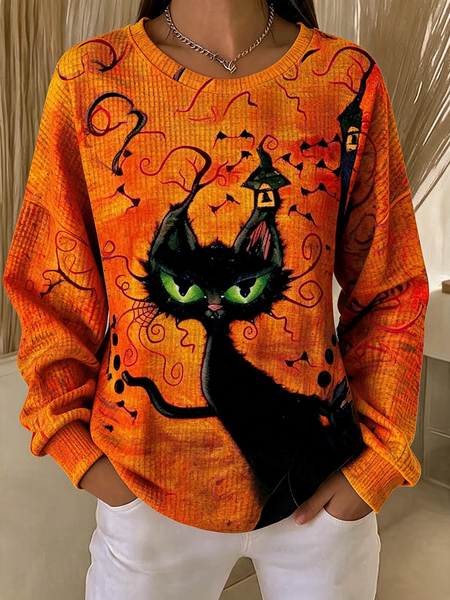 Women Cat Crew Neck Casual Spring/Fall Long Sleeve Sweatshirt