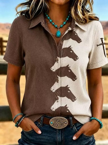 Women Color Block Shawl Collar Short Sleeve Shirt Vintage Daily Summer Top