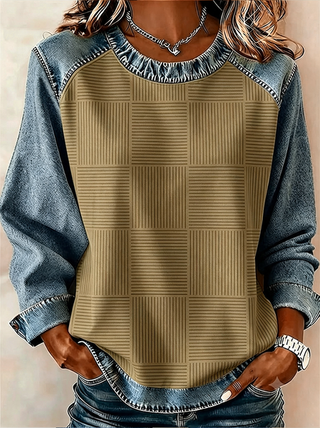 Women Abstract Stripes Crew Neck Printing Vintage Spring/Fall Long Sleeve Sweatshirt