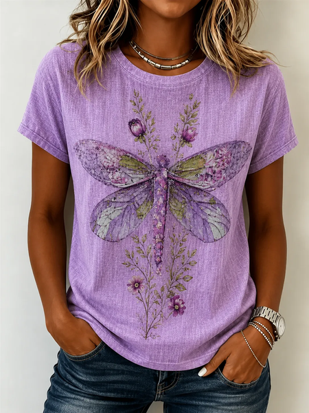 Women Dragonfly Short Sleeve Tee T-shirt Crew Neck Casual Summer Top