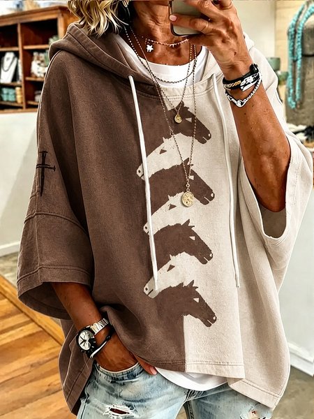 Women Color Block Printing Half Sleeve Casual Daily Spring/Fall Hoodie