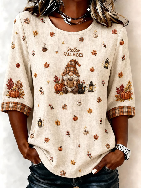 Women Maple Leaf Crew Neck Half Sleeve Blouse Printing Vintage Daily Summer Top