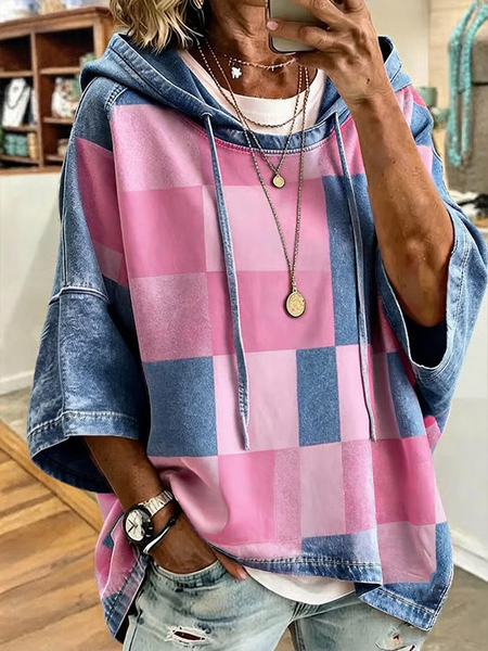Women Abstract Plaid Printing Half Sleeve Casual Daily Spring/Fall Hoodie