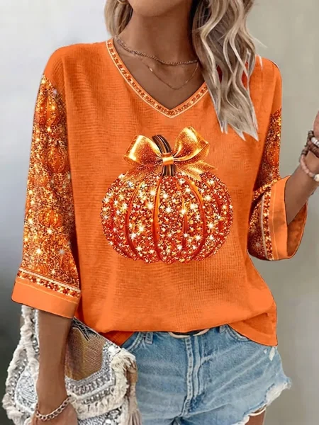 Women Halloween (pumpkin) Half Sleeve Tee T-shirt V Neck Printing Vintage Summer Top