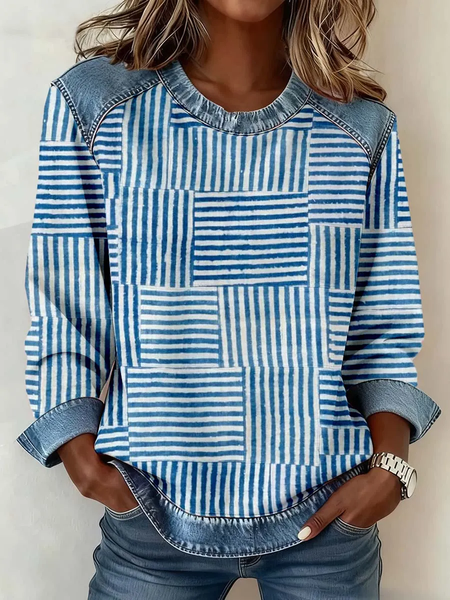 Women Abstract Stripes Crew Neck Printing Vintage Spring/Fall Long Sleeve Sweatshirt