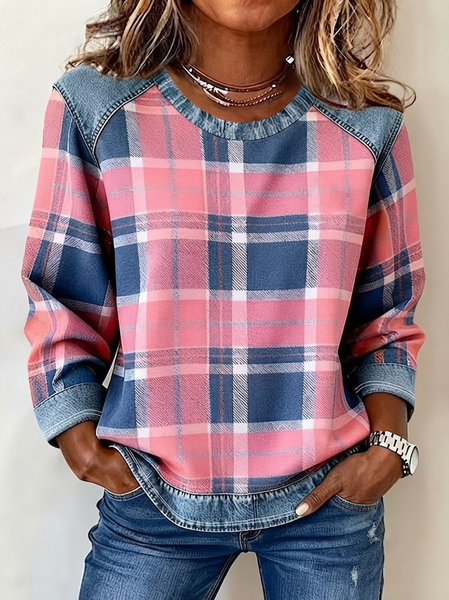 Women Plaid Crew Neck Printing Vintage Spring/Fall Long Sleeve Sweatshirt