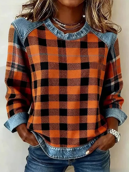 Women Plaid Crew Neck Printing Vintage Spring/Fall Long Sleeve Sweatshirt