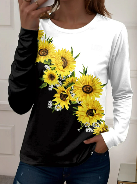 Women Sunflower Long Sleeve Tee T-shirt Crew Neck Printing Casual Spring/Fall Top