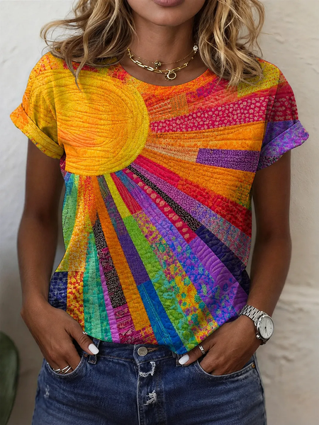 Women Abstract Short Sleeve Tee T-shirt Crew Neck Printing Casual Graphic Tee Summer Top