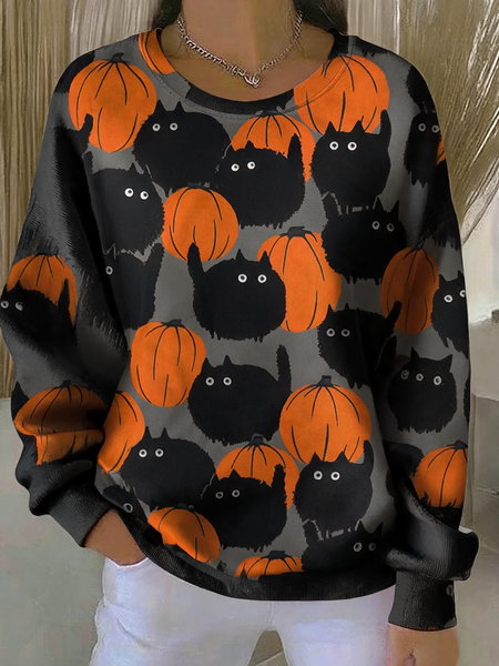 Women Cat Crew Neck Casual Spring/Fall Long Sleeve Sweatshirt