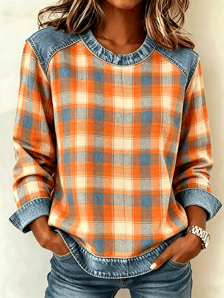 Women Plaid Crew Neck Printing Vintage Spring/Fall Long Sleeve Sweatshirt