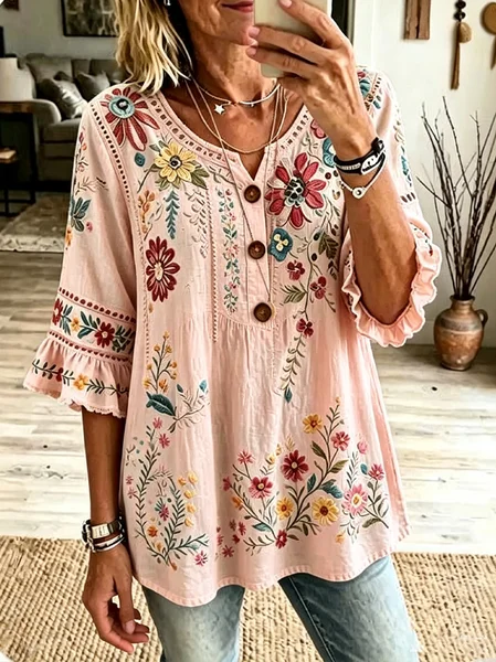 Women Floral V Neck Half Sleeve Blouse Casual Daily Summer Top