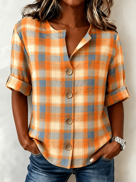 Women Plaid Shirt Collar Three Quarter Sleeve Shirt Casual Daily Spring/Fall Top