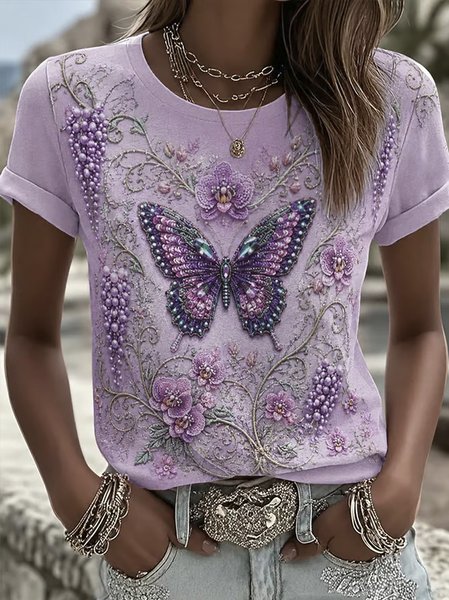 Women Butterfly Short Sleeve Tee T-shirt Crew Neck Casual Summer Top
