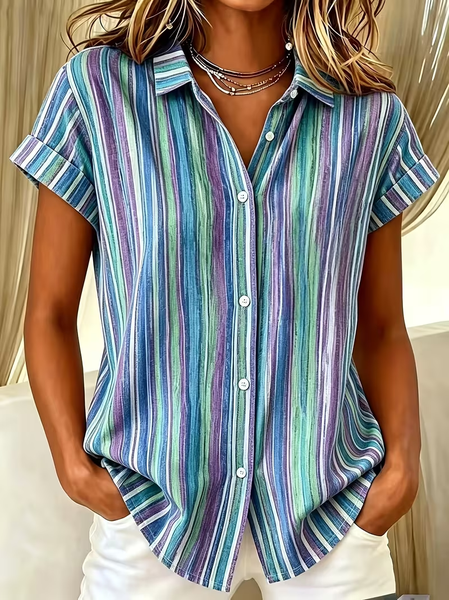 Women Abstract Stripes Shirt Collar Short Sleeve Shirt Printing Casual Daily Summer Top