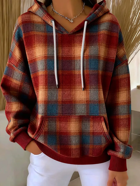 Women Plaid Printing Long Sleeve Casual Daily Spring/Fall Hoodie