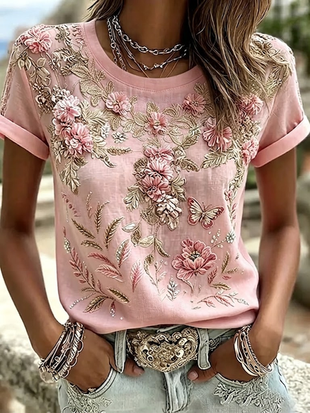 Women Floral Short Sleeve Tee T-shirt Crew Neck Printing Casual Graphic Tee Summer Top