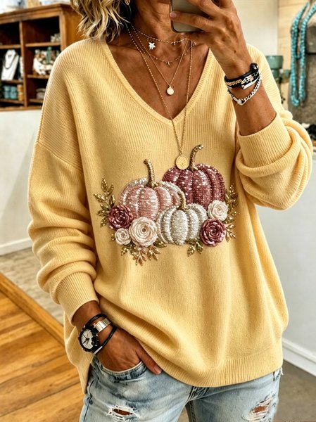 Women Pumpkin Pattern Long Sleeve Tee T-shirt V Neck Casual Spring/Fall Top