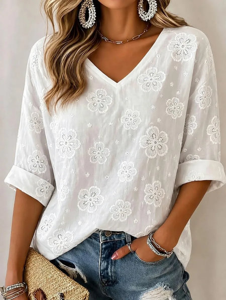 Women Floral Half Sleeve Tee T-shirt V Neck Printing Vintage Summer Top
