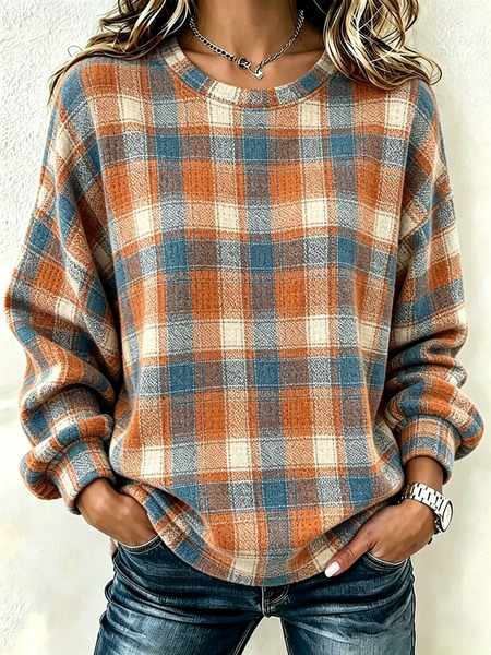 Women Plaid Crew Neck Printing Casual Spring/Fall Long Sleeve Sweatshirt
