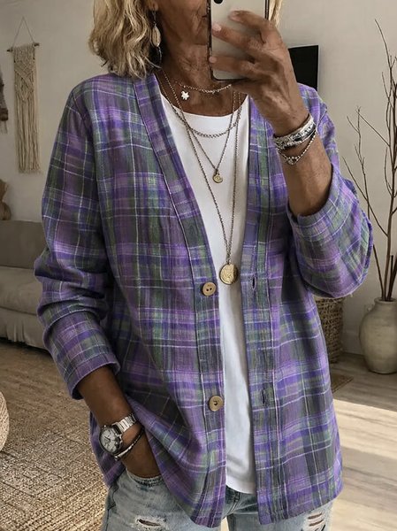 Women Plaid Long Sleeve Vintage Spring/Fall Jacket Outerwear