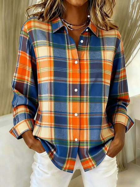 Women Plaid Shirt Collar Long Sleeve Shirt Buckle Regular Sleeve Casual Daily Spring/Fall Top