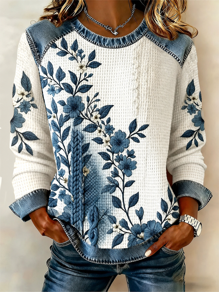 Women Floral Crew Neck Printing Casual Spring/Fall Long Sleeve Sweatshirt